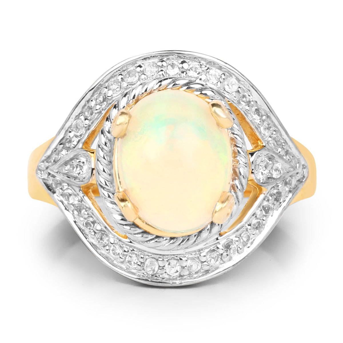 Anillo de plata de ley 925 chapado en oro amarillo de 14 quilates con ópalo etíope auténtico de 1,88 quilates y topacio blanco