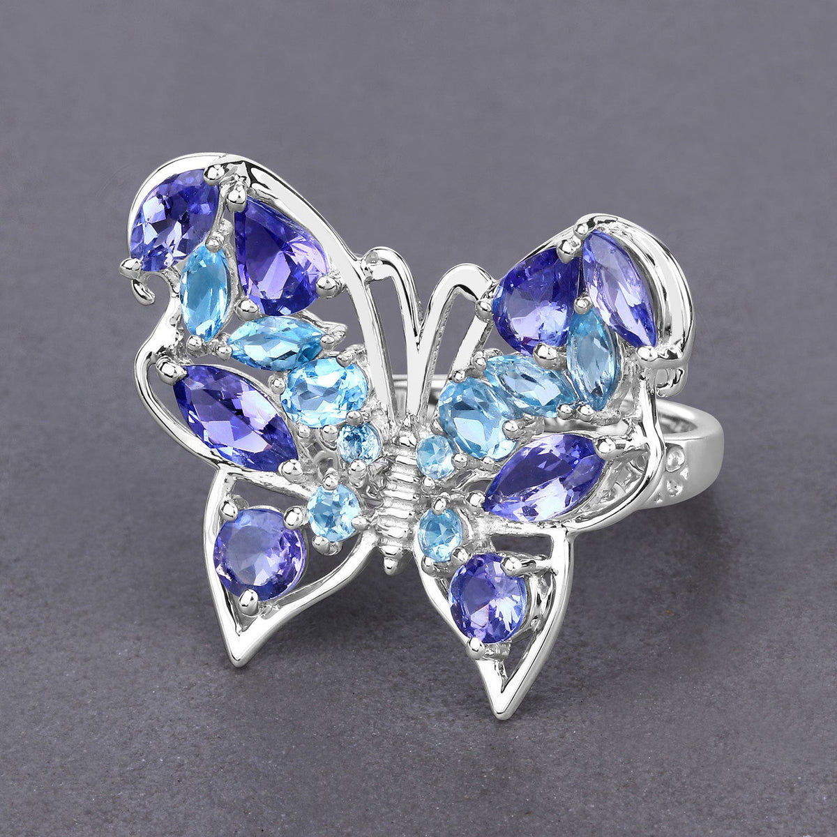 Anillo de plata de ley .925 con tanzanita genuina de 3.60 quilates y topacio azul suizo
