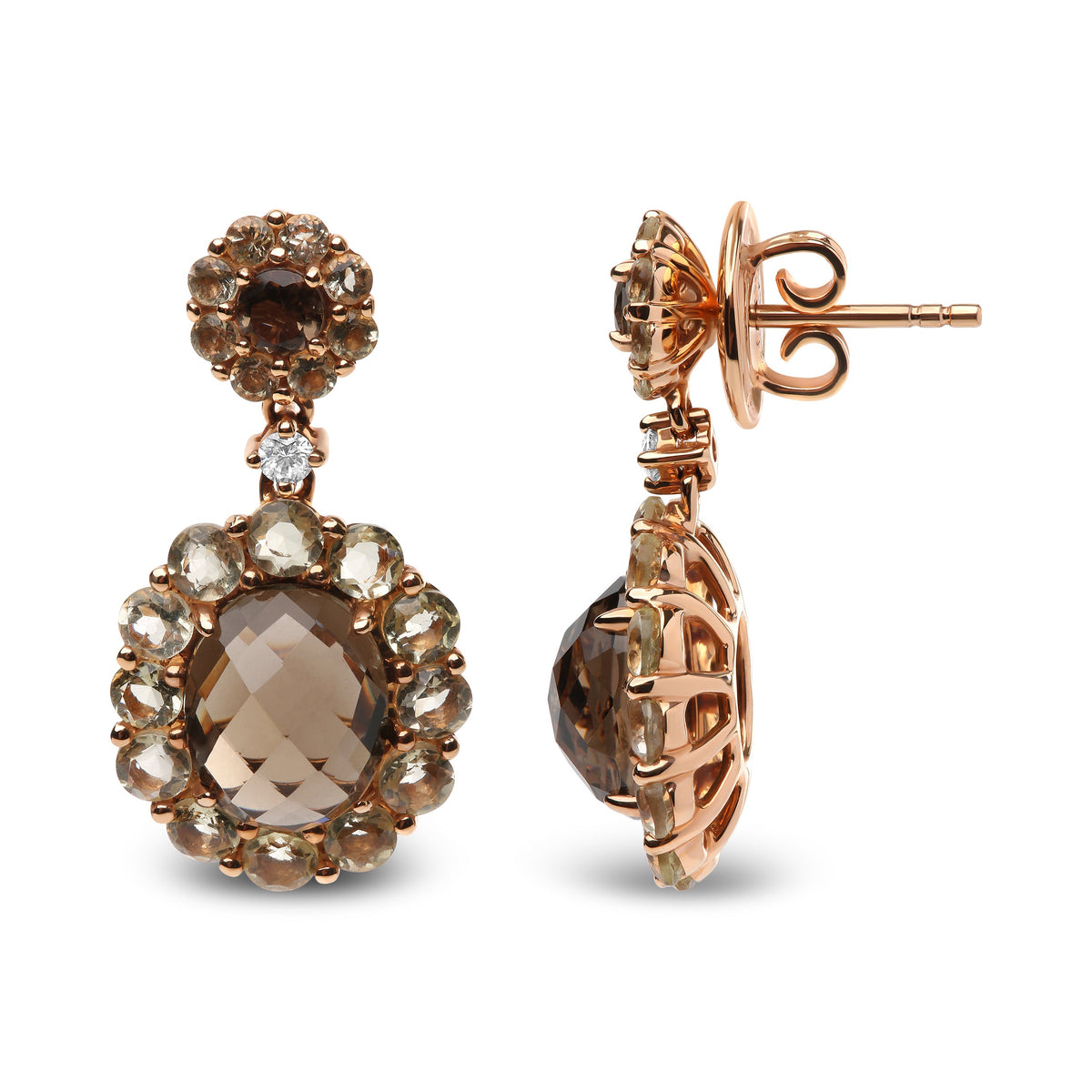 Pendientes colgantes de cuarzo de color limón y ahumado ovalado con acento de diamante de oro rosa de 18 quilates (color G-H, claridad SI1-SI2)