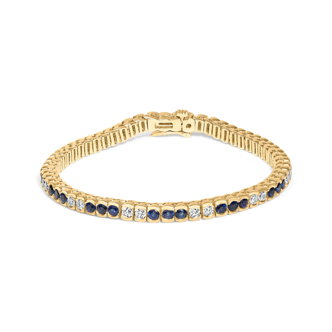 Pulsera de tenis de oro amarillo de 14 quilates con diamantes de 1 3/4 quilates en total y zafiros azules de 5.0 quilates en total engastados (color G-H, claridad SI1-SI2) - 17.78 cm