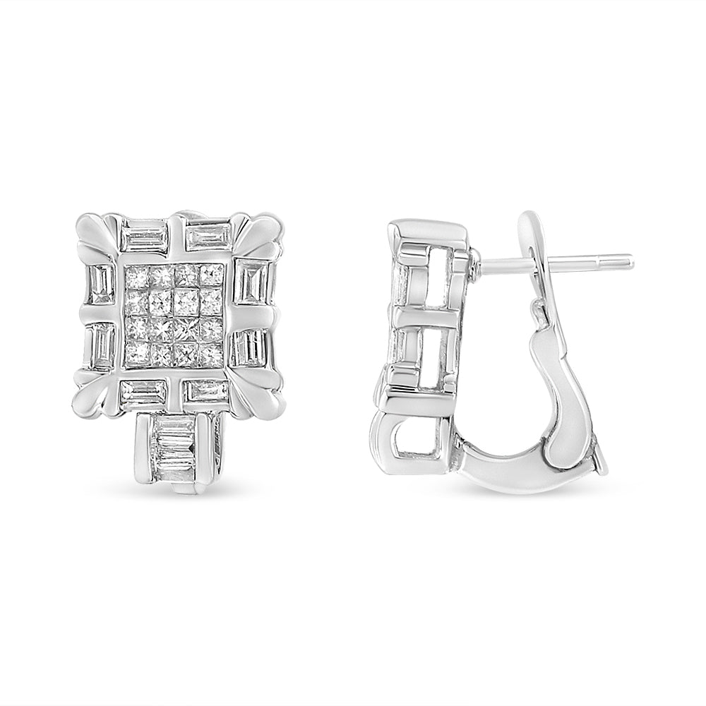 Pendientes de aro Huggie con marco cuadrado de oro blanco de 14 quilates con diamantes de talla princesa y baguette de 1,0 quilates (color H-I, claridad SI1-SI2)
