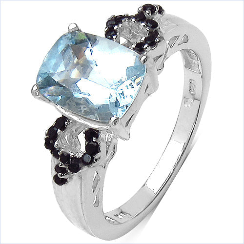 Anillo de plata de ley .925 con aguamarina auténtica de 1,92 quilates y espinela negra