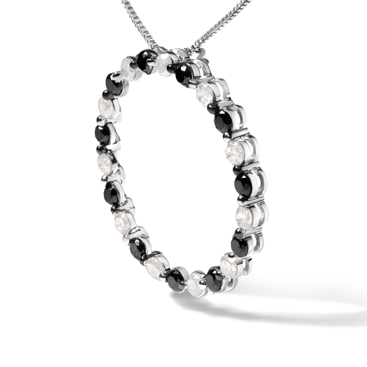 Collar con colgante de aro abierto de plata de ley .925 con diamantes blancos y negros alternados de 1 3/4 quilates (color H-I, claridad I2-I3) - 18 pulgadas