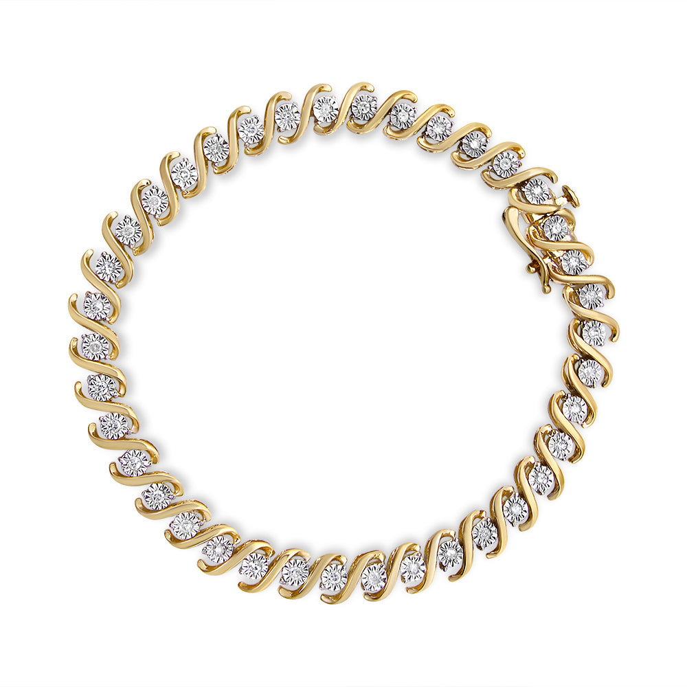 Pulsera de tenis de oro amarillo de 14 quilates chapado en plata de ley .925 con diamantes redondos de 1/2 quilate engarzados en milagro, en forma de S (color I-J, claridad I3) - 7"