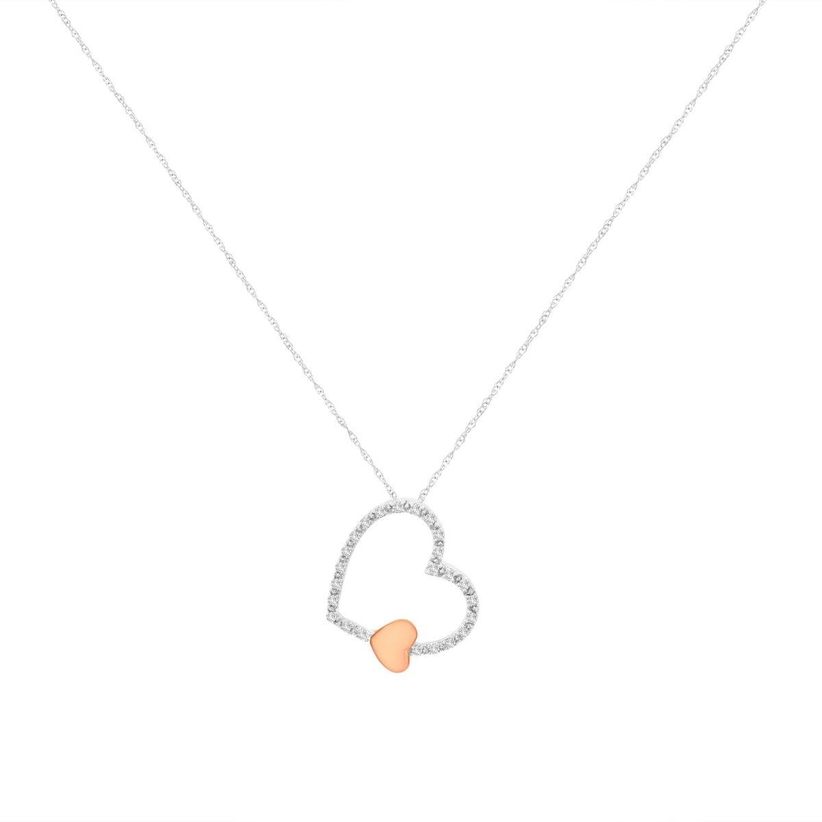 Collar con colgante de corazón flotante de oro bicolor de 10 qt y diamantes de 1/6 ct. (K-L, I1-I2)
