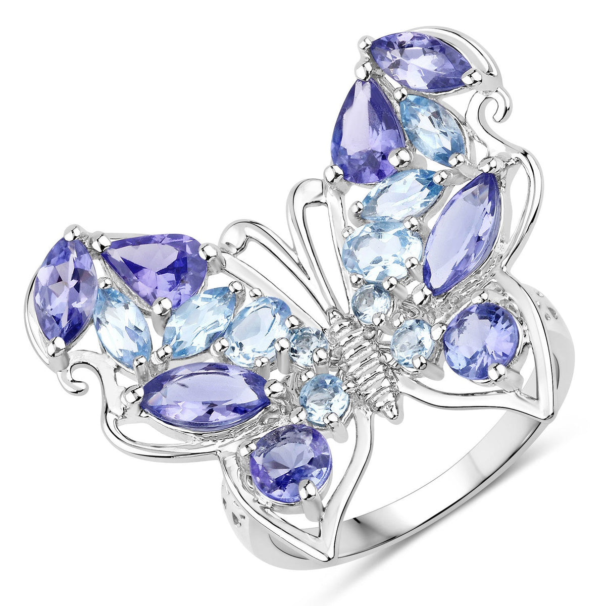 Anillo de plata de ley .925 con tanzanita genuina de 3.60 quilates y topacio azul suizo