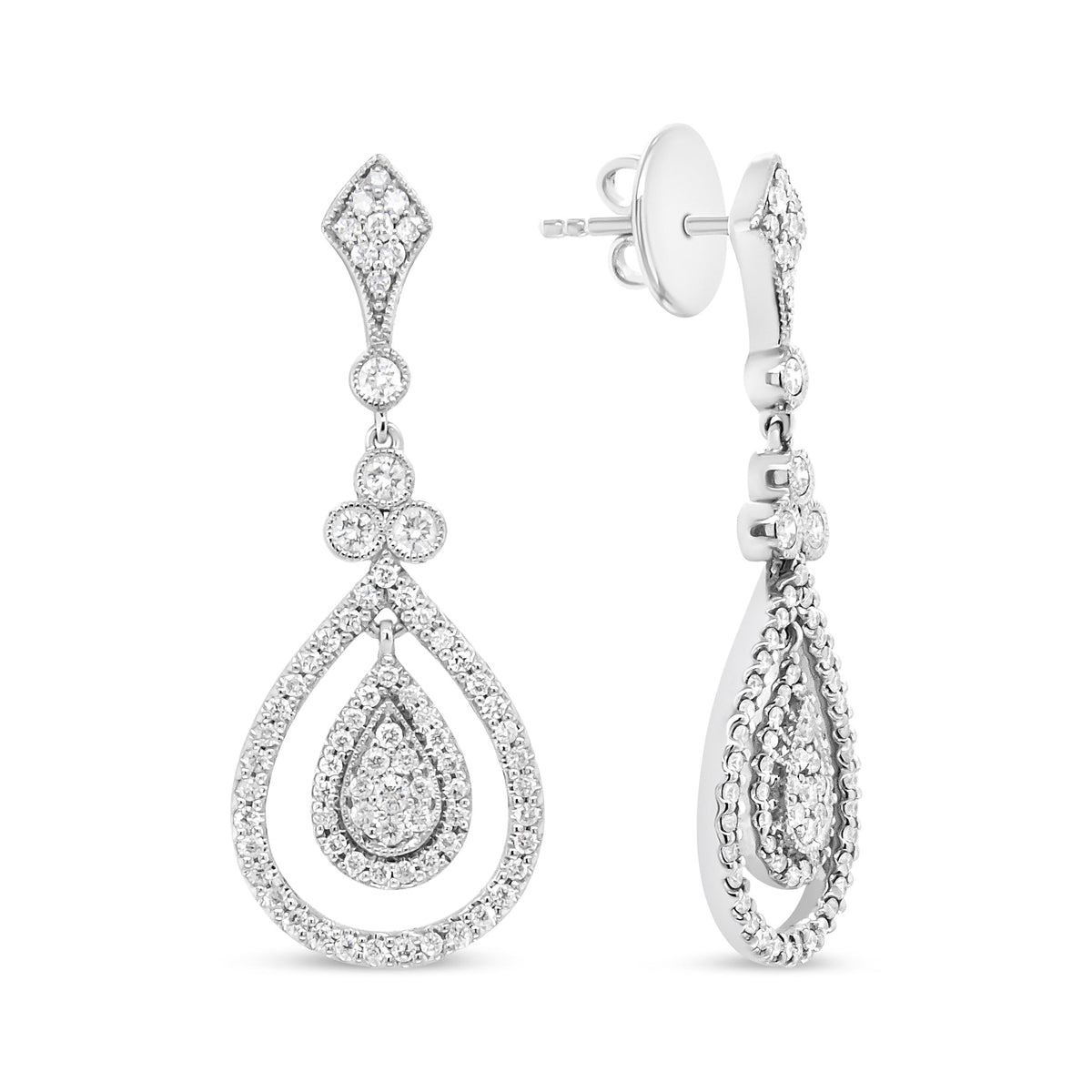 Pendientes colgantes con forma de lágrima calada de oro blanco de 18K con diamantes redondos de 1,25 qt (Color F-G, Claridad VS1-VS2)