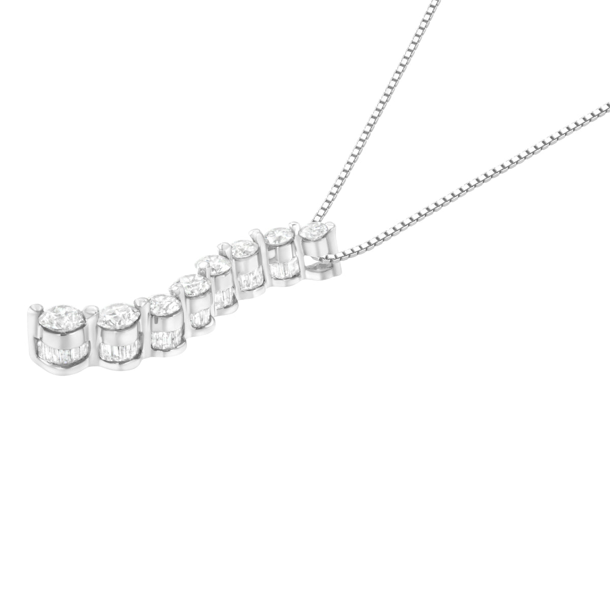Colgante de oro blanco de 14k con certificación AGS, 3.0 quilates de diamantes baguette y de talla redonda brillante, estilo "Journey", collar de 18" (color F-G, claridad I1-I2)