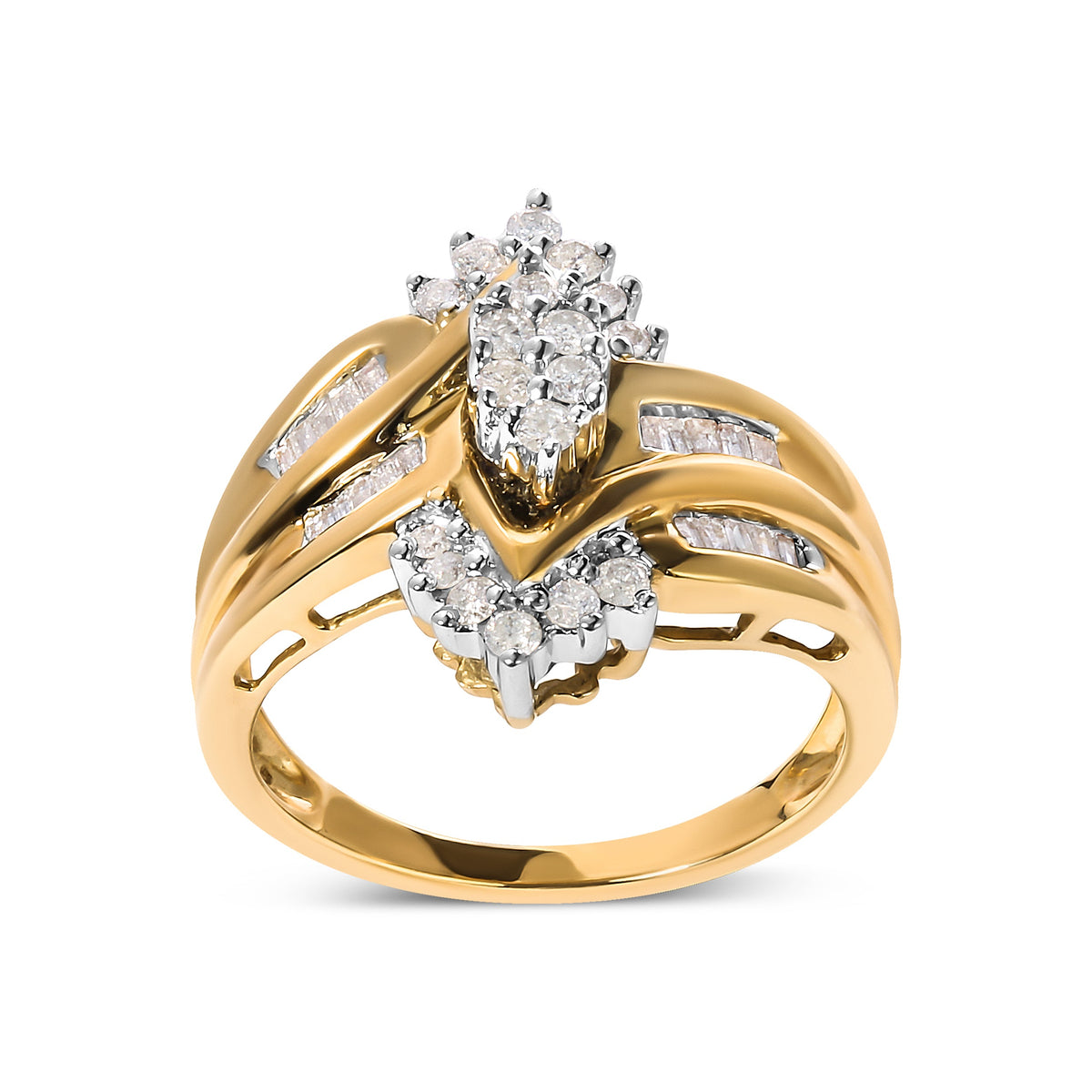 Anillo de 10K bicolor con diamante compuesto de talla redonda y baguette de 1/2 quilate en forma de pera (color H-I, claridad I2-I3) - Talla 7