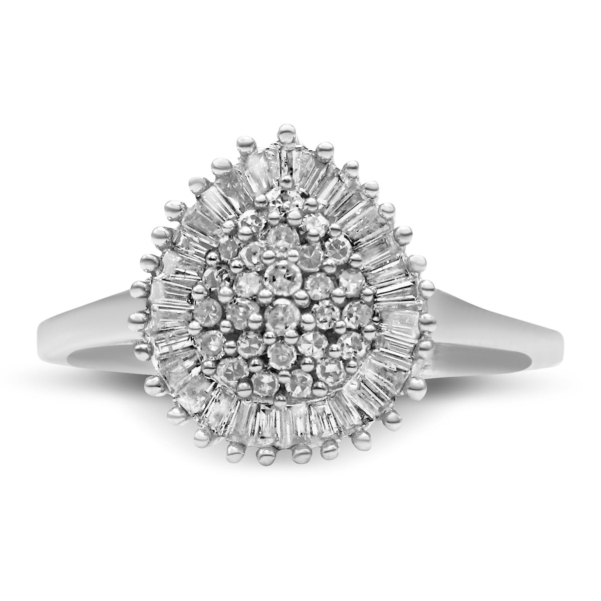 Anillo tipo cóctel en oro blanco de 10K con racimo pavé abovedado en forma de pera de diamante talla redonda y baguette de 1/2 quilate total con halo (color H-I, claridad SI1-SI2) - Talla 5