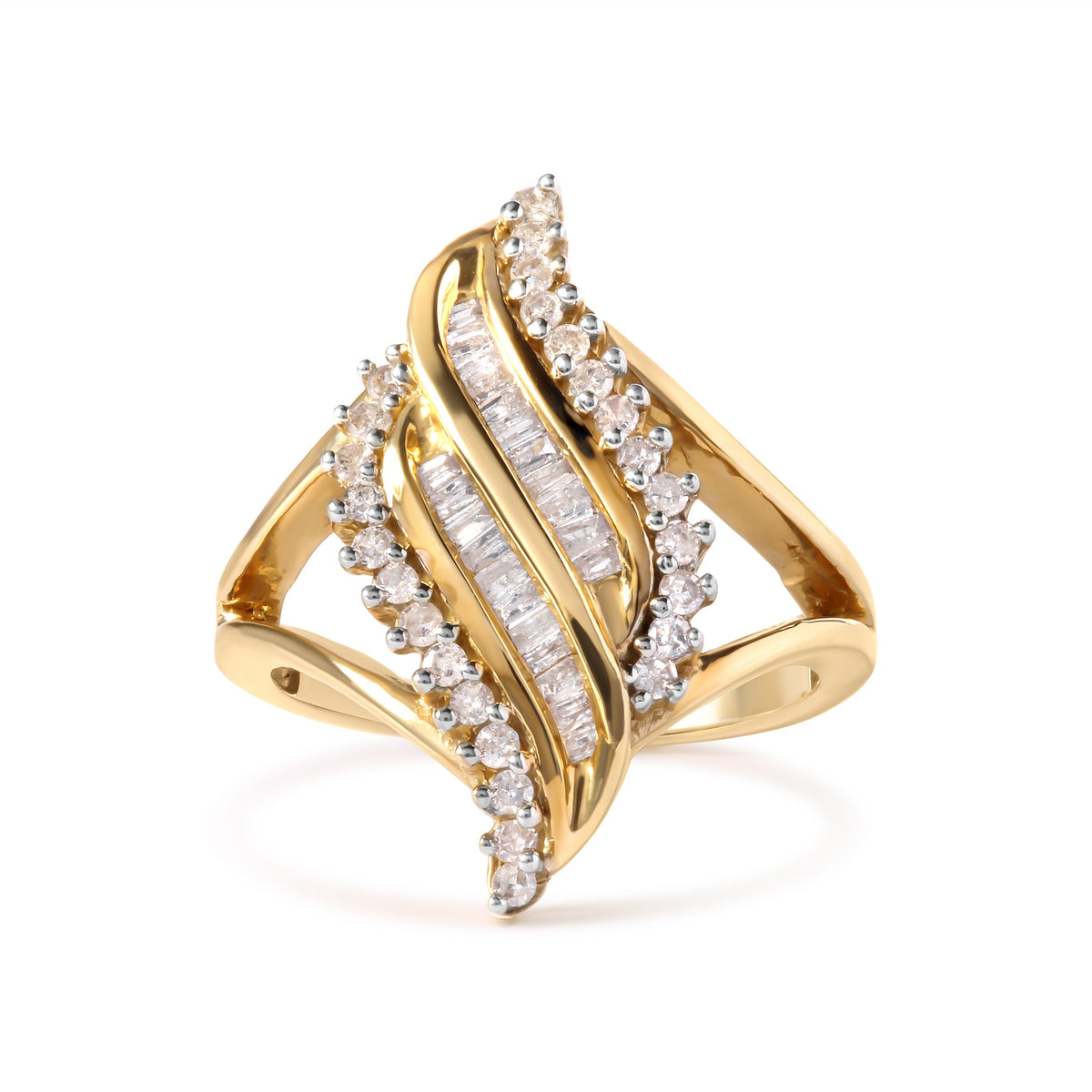 Anillo de cóctel de oro amarillo de 10K con diamantes de talla redonda y baguette de 1/2 quilate (color H-I, claridad I1-I2)