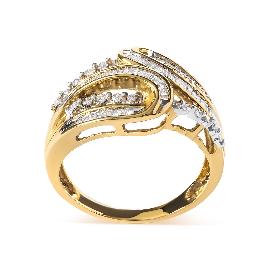 10K Yellow Gold 1/2 Cttw Round and Baguette cut Diamond Open Space Bypass Ring (H-I Color, SI2-I1 Clarity) - Ring Size 7
