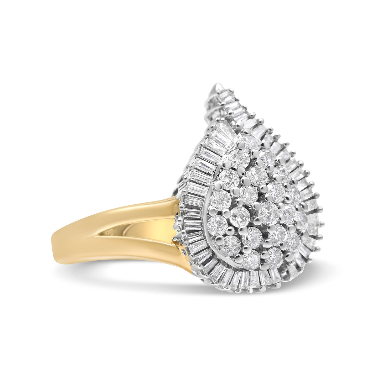 14K Yellow and White Gold 1.00 Cttw Round and Baguette-Cut Diamond Ballerina Cocktail Ring (H-I Color, SI2-I1 Clarity)
