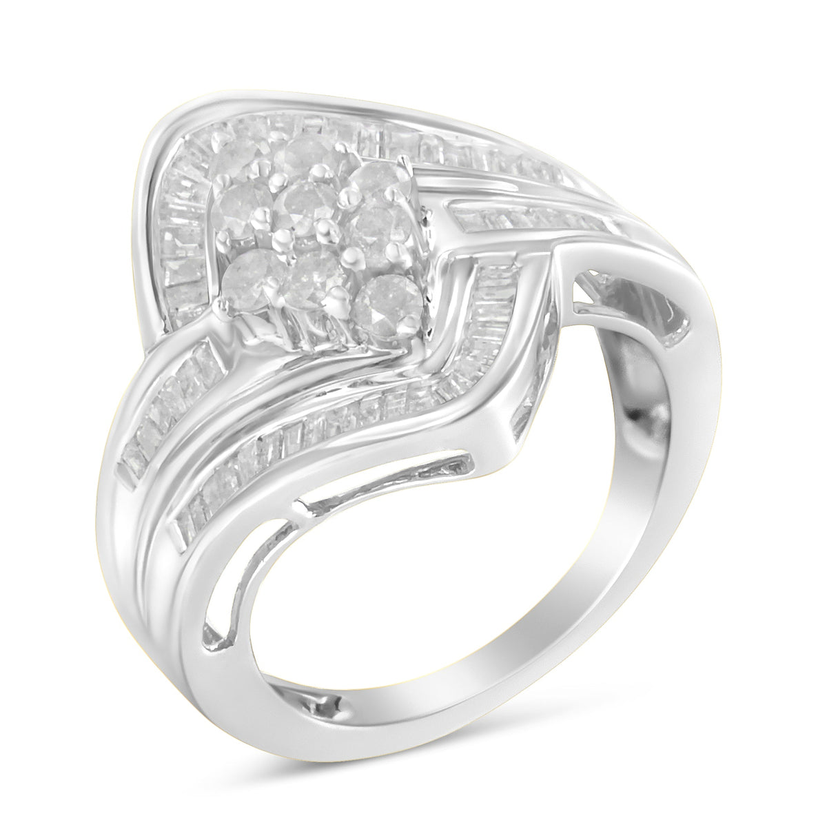 Anillo de racimo cruzado de oro blanco de 10 qt con diamantes (1 Cttw, color I-J, claridad I2-I3) - Talla 7