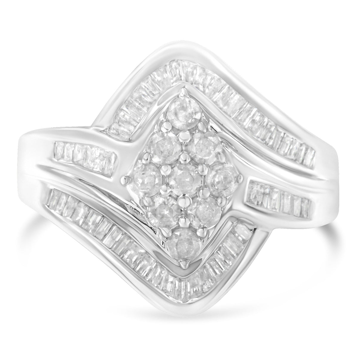 Anillo de racimo cruzado de oro blanco de 10 qt con diamantes (1 Cttw, color I-J, claridad I2-I3) - Talla 7