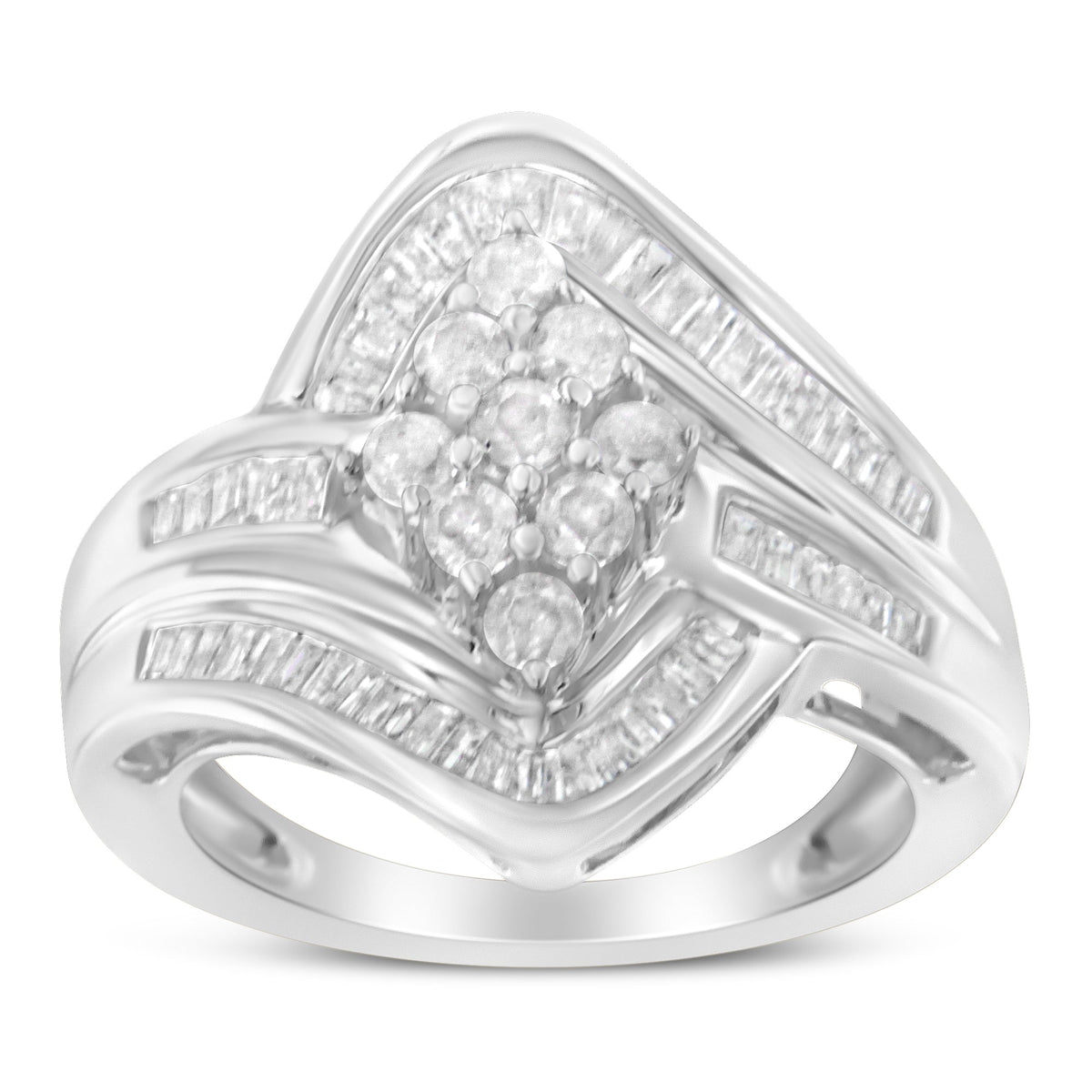 Anillo de racimo cruzado de oro blanco de 10 qt con diamantes (1 Cttw, color I-J, claridad I2-I3) - Talla 7