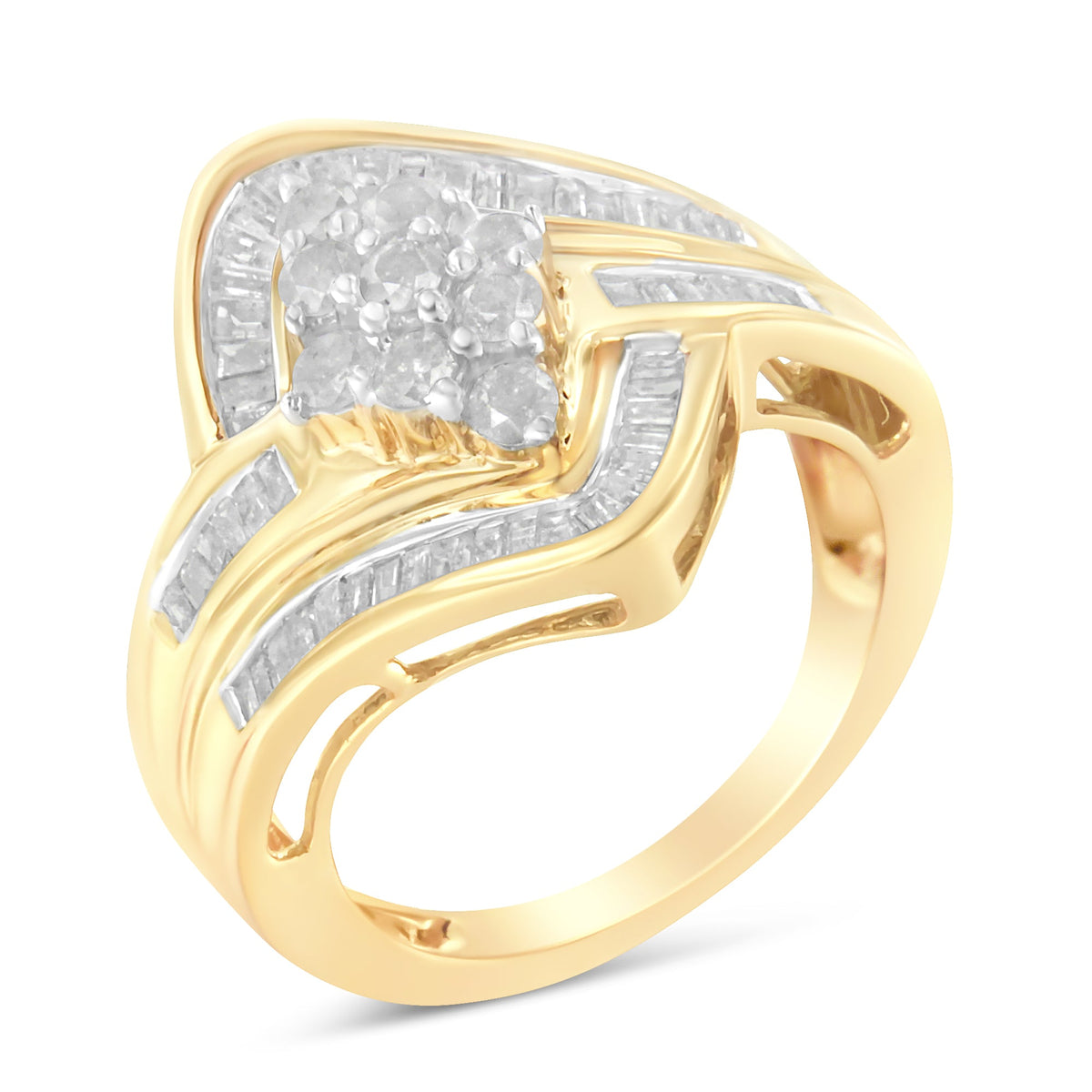 Anillo con racimo de diamantes tipo "bypass" de oro amarillo de 10 quilates (1 Cttw, color I-J, claridad I2-I3) - Talla 7