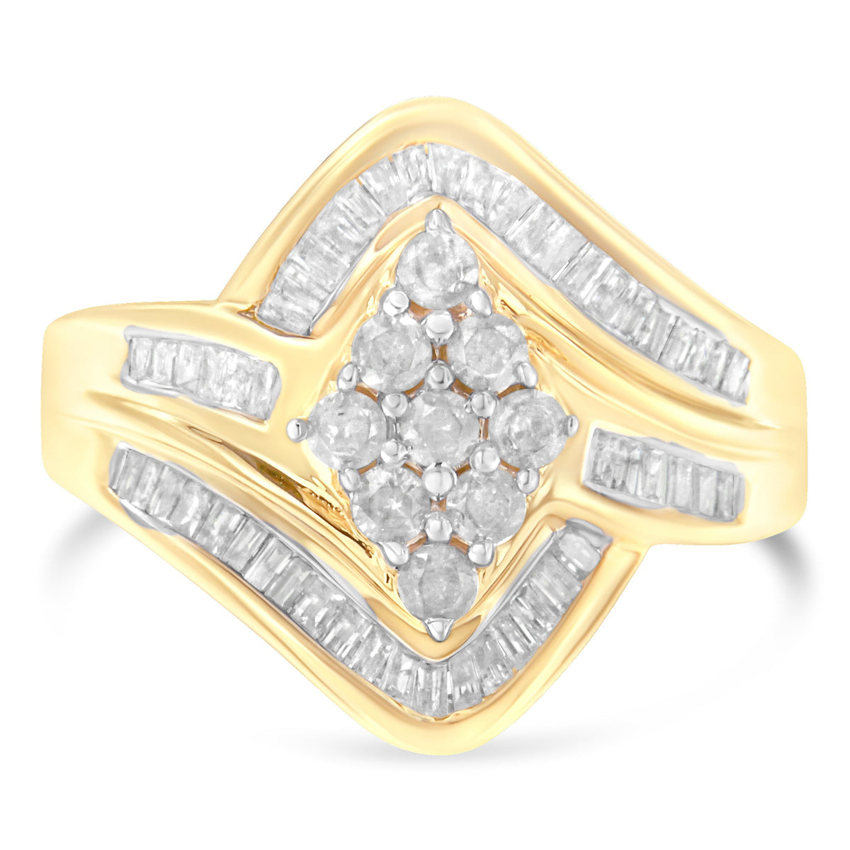 Anillo con racimo de diamantes tipo "bypass" de oro amarillo de 10 quilates (1 Cttw, color I-J, claridad I2-I3) - Talla 7
