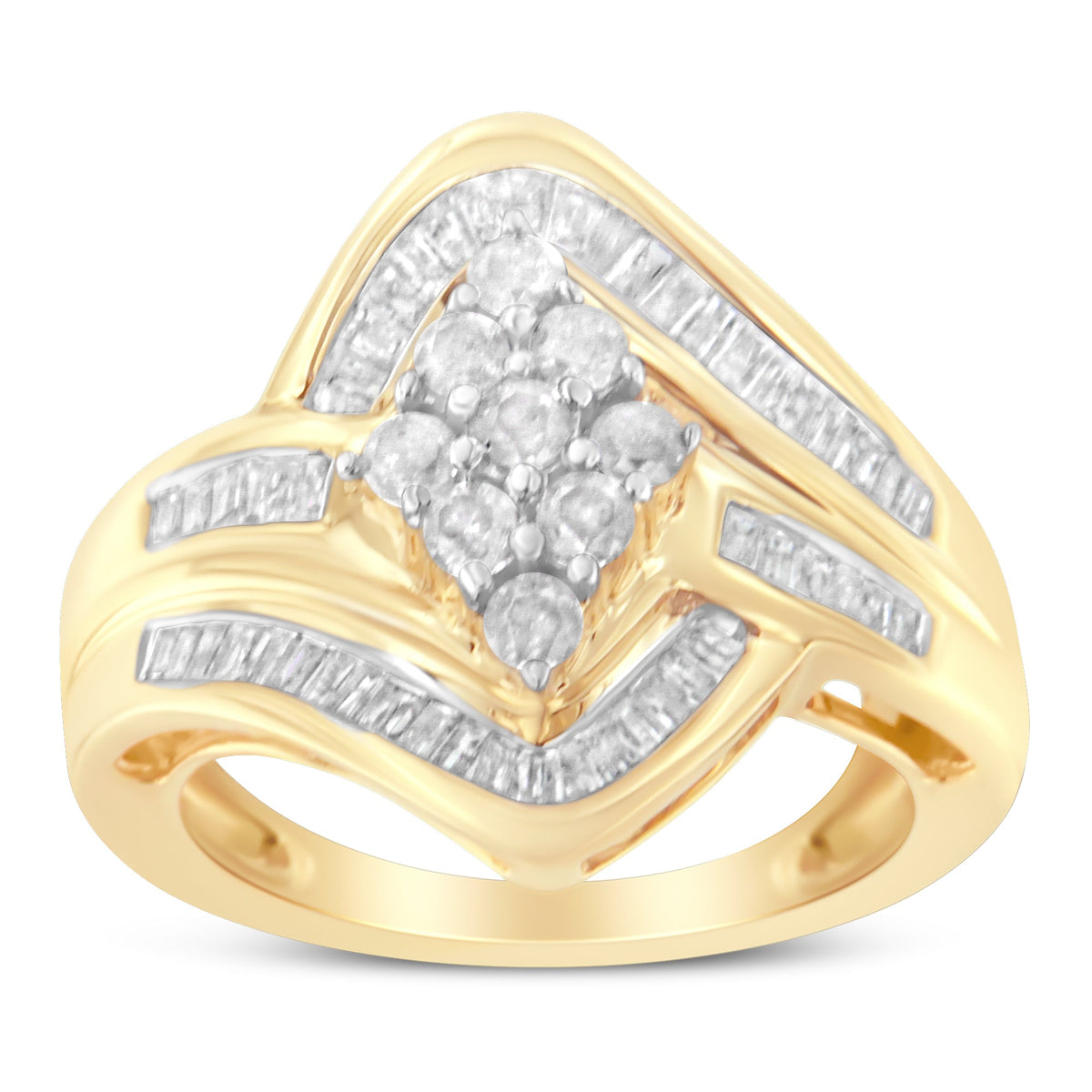 Anillo con racimo de diamantes tipo "bypass" de oro amarillo de 10 quilates (1 Cttw, color I-J, claridad I2-I3) - Talla 7