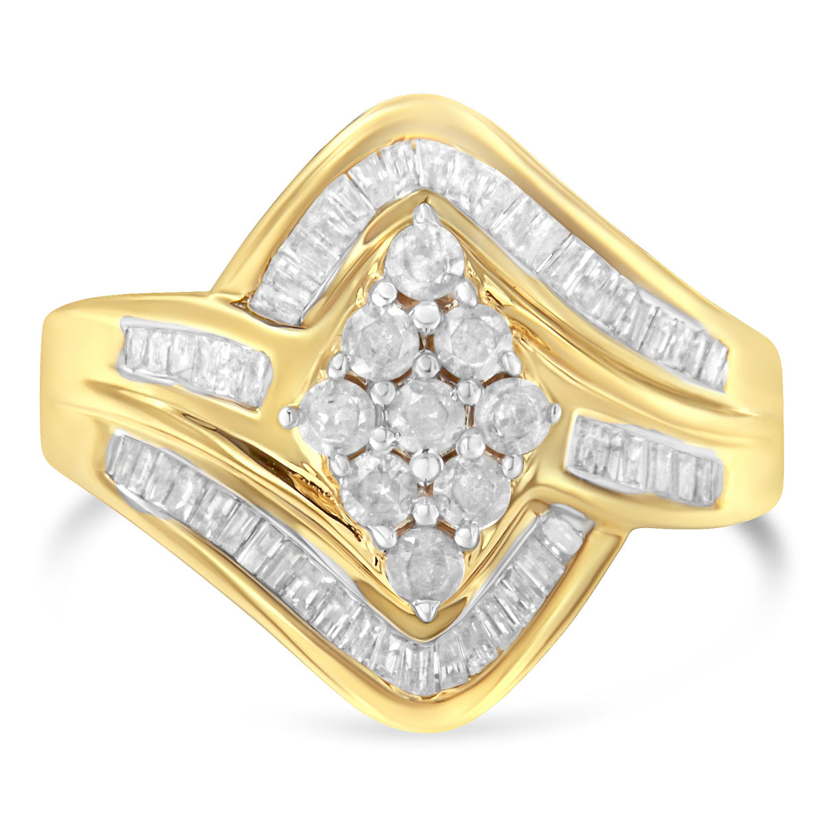 Anillo en forma de racimo cruzado de diamantes de oro amarillo de 10 qt sobre plata de ley .925 (1 quilate, color I-J, claridad I2-I3) - Talla 6