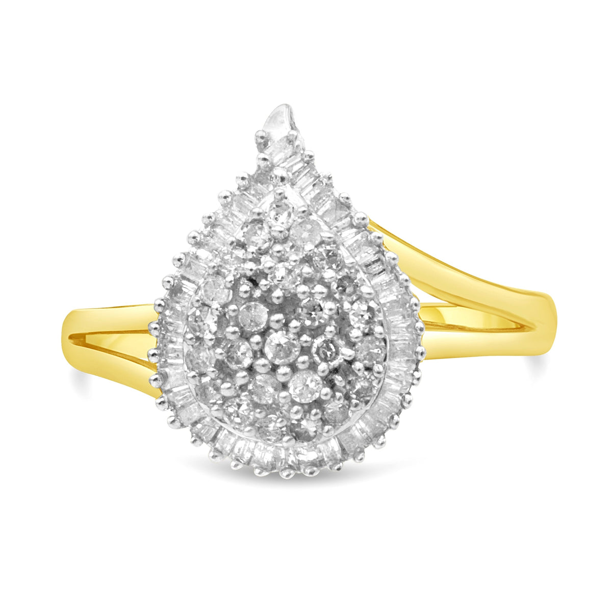Anillo de pera de oro amarillo de 10 quilates con diamantes redondos y talla baguette de 1/2 quilate (color I-J, claridad I1-I2) - Talla 7