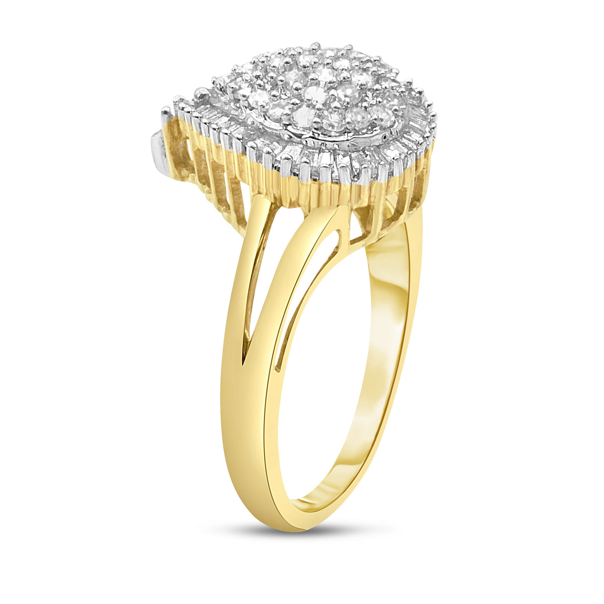 Anillo de pera de oro amarillo de 10 quilates con diamantes redondos y talla baguette de 1/2 quilate (color I-J, claridad I1-I2) - Talla 7