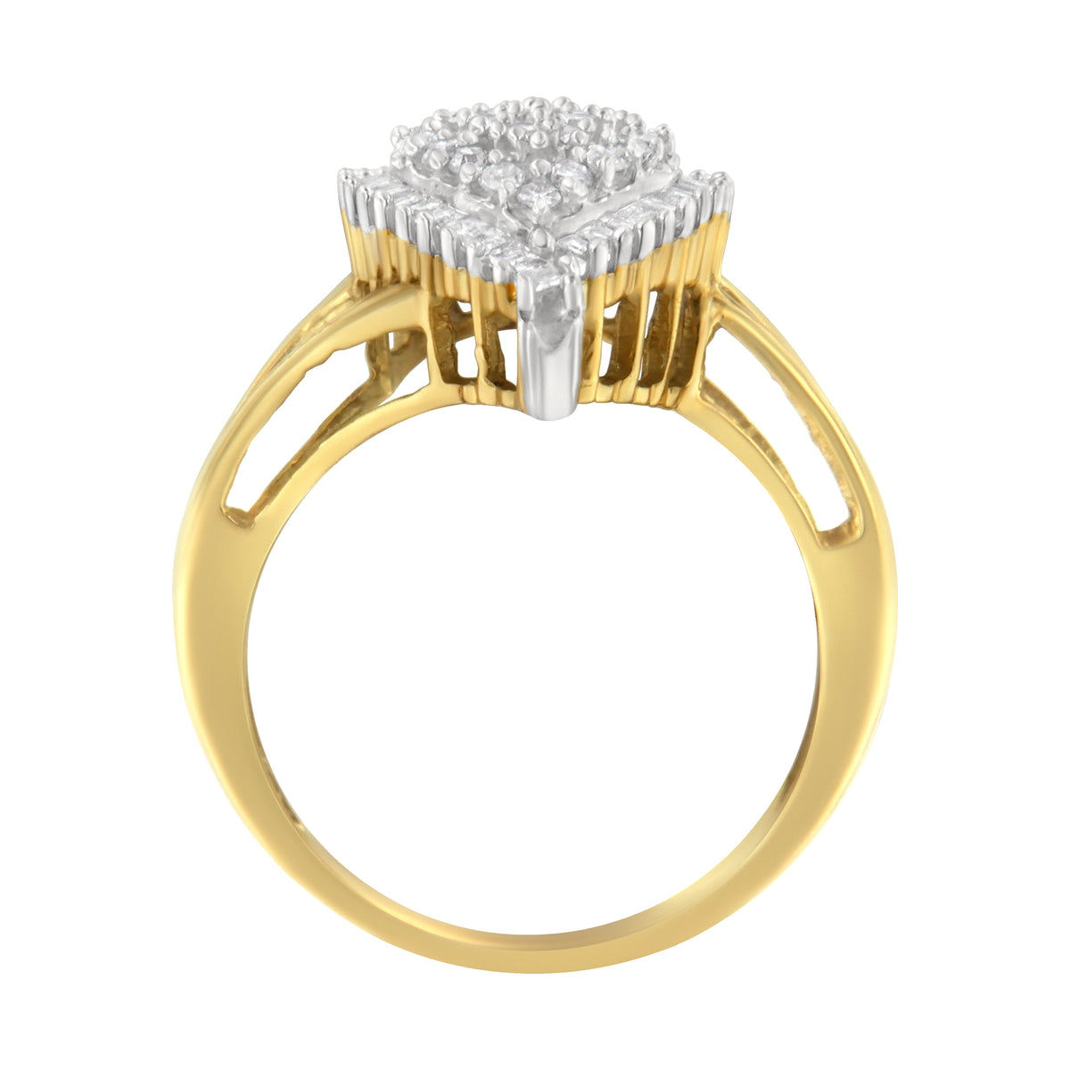 Anillo de pera de oro amarillo de 10 quilates con diamantes redondos y talla baguette de 1/2 quilate (color I-J, claridad I1-I2) - Talla 7