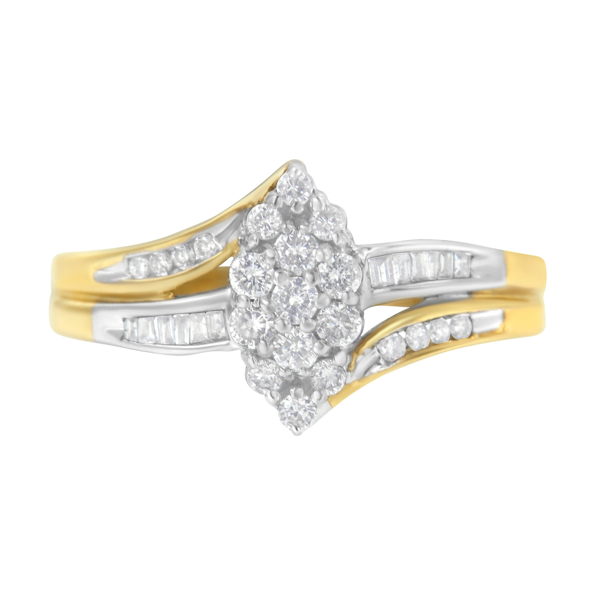 Anillo de racimo con forma de marquesa de diamante de 1/2 quilate de oro amarillo y blanco de 10 quilates con vástago dividido (color H-I, claridad SI2-I1) - Talla 7