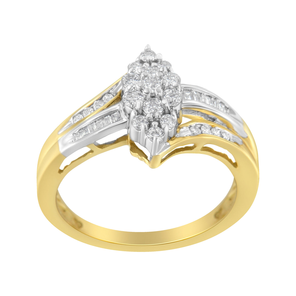 Anillo de racimo con forma de marquesa de diamante de 1/2 quilate de oro amarillo y blanco de 10 quilates con vástago dividido (color H-I, claridad SI2-I1) - Talla 7