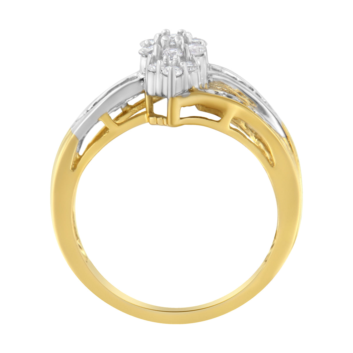 Anillo de racimo con forma de marquesa de diamante de 1/2 quilate de oro amarillo y blanco de 10 quilates con vástago dividido (color H-I, claridad SI2-I1) - Talla 7