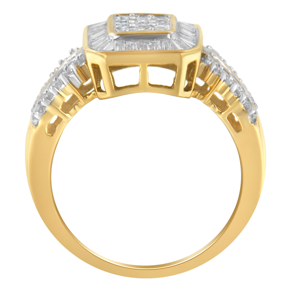 Anillo de oro amarillo de 10 quilates con diamantes redondos y talla baguette (1,0 quilates totales, color I-J, claridad SI1-SI2) - Talla 7