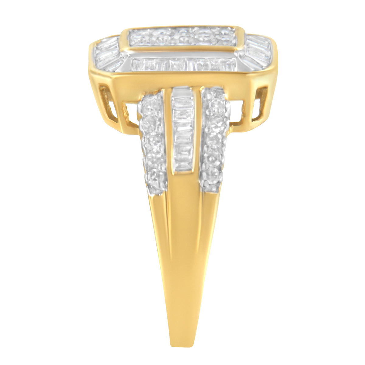 Anillo de oro amarillo de 10 quilates con diamantes redondos y talla baguette (1,0 quilates totales, color I-J, claridad SI1-SI2) - Talla 7