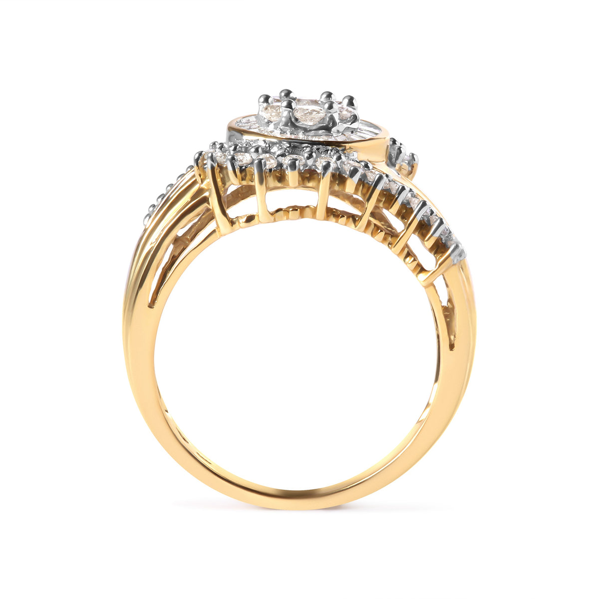 Anillo de banda en espiral con racimo de diamantes redondos y de talla baguette de oro amarillo de 10K y 1 quilate (Color H-I, Claridad I1-I2) - Talla de anillo 7