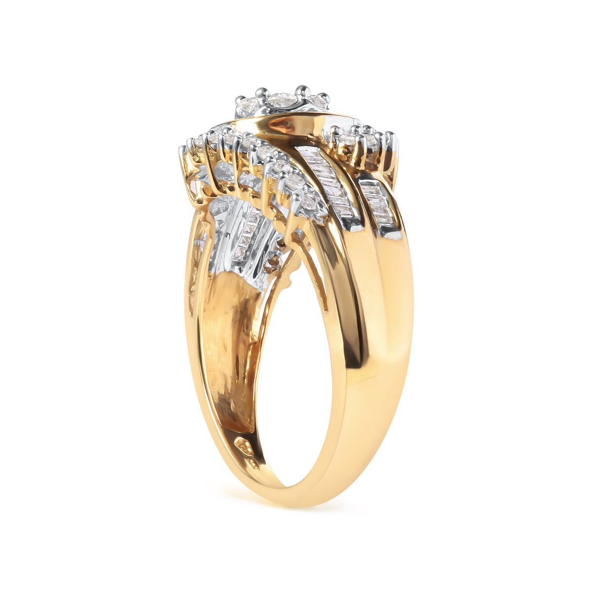 Anillo de banda en espiral con racimo de diamantes redondos y de talla baguette de oro amarillo de 10K y 1 quilate (Color H-I, Claridad I1-I2) - Talla de anillo 7