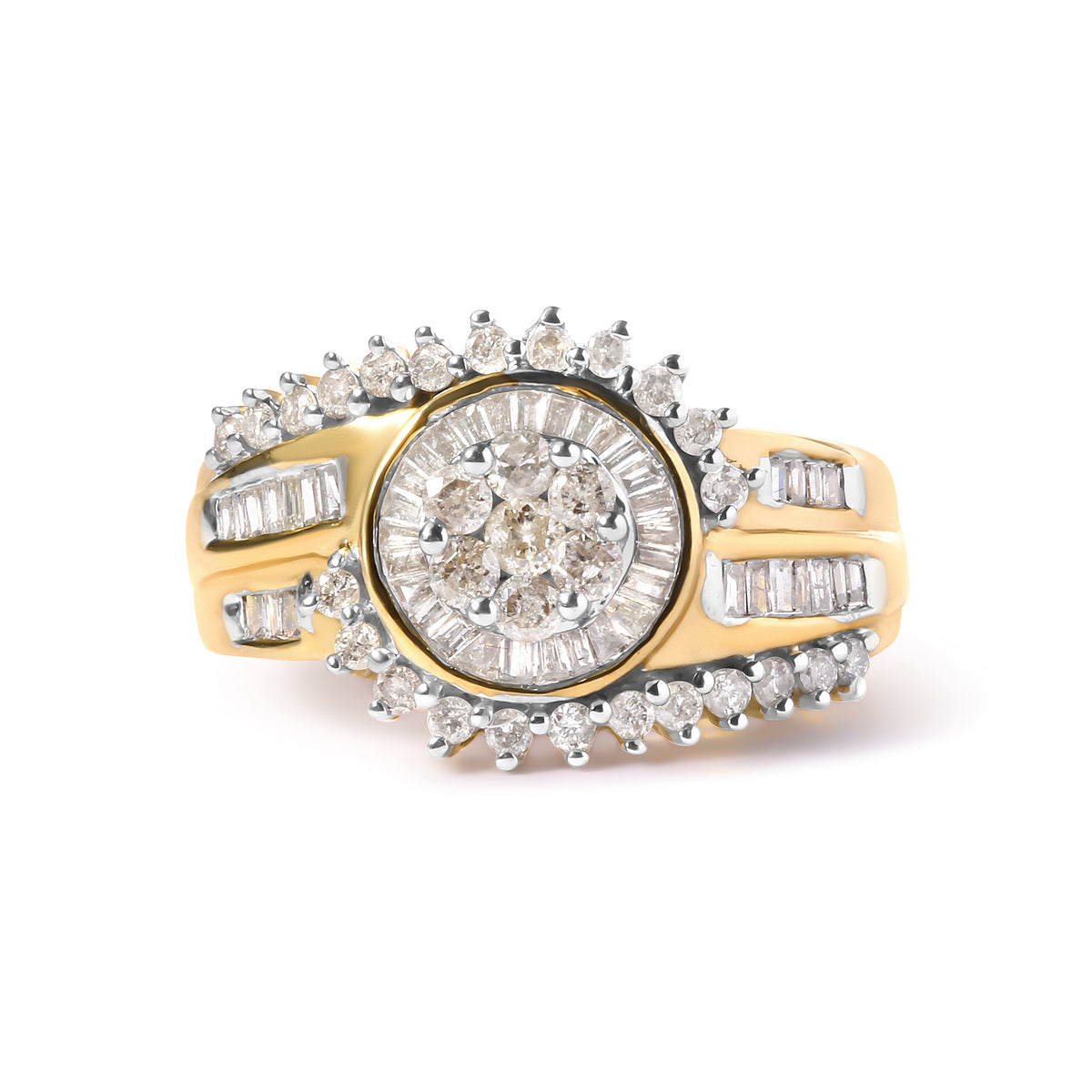 Anillo de banda en espiral con racimo de diamantes redondos y de talla baguette de oro amarillo de 10K y 1 quilate (Color H-I, Claridad I1-I2) - Talla de anillo 7