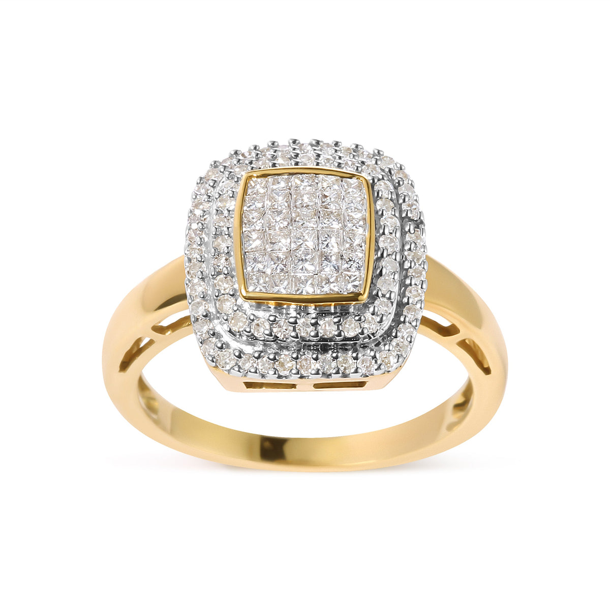 Anillo en oro amarillo de 10 qt con cabeza compuesta de diamantes redondos y talla princesa de 1/2 quilate en total y halo (color H-I, claridad SI1-SI2) - Talla 7