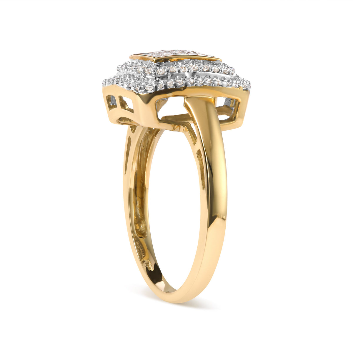 Anillo en oro amarillo de 10 qt con cabeza compuesta de diamantes redondos y talla princesa de 1/2 quilate en total y halo (color H-I, claridad SI1-SI2) - Talla 7