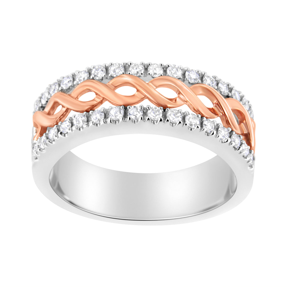 Anillo de oro blanco y rosa de 10 quilates con diamantes de 1/3 quilates con vástago dividido y banda de cinta infinita (color I-J, claridad I1-I2) - Talla 6