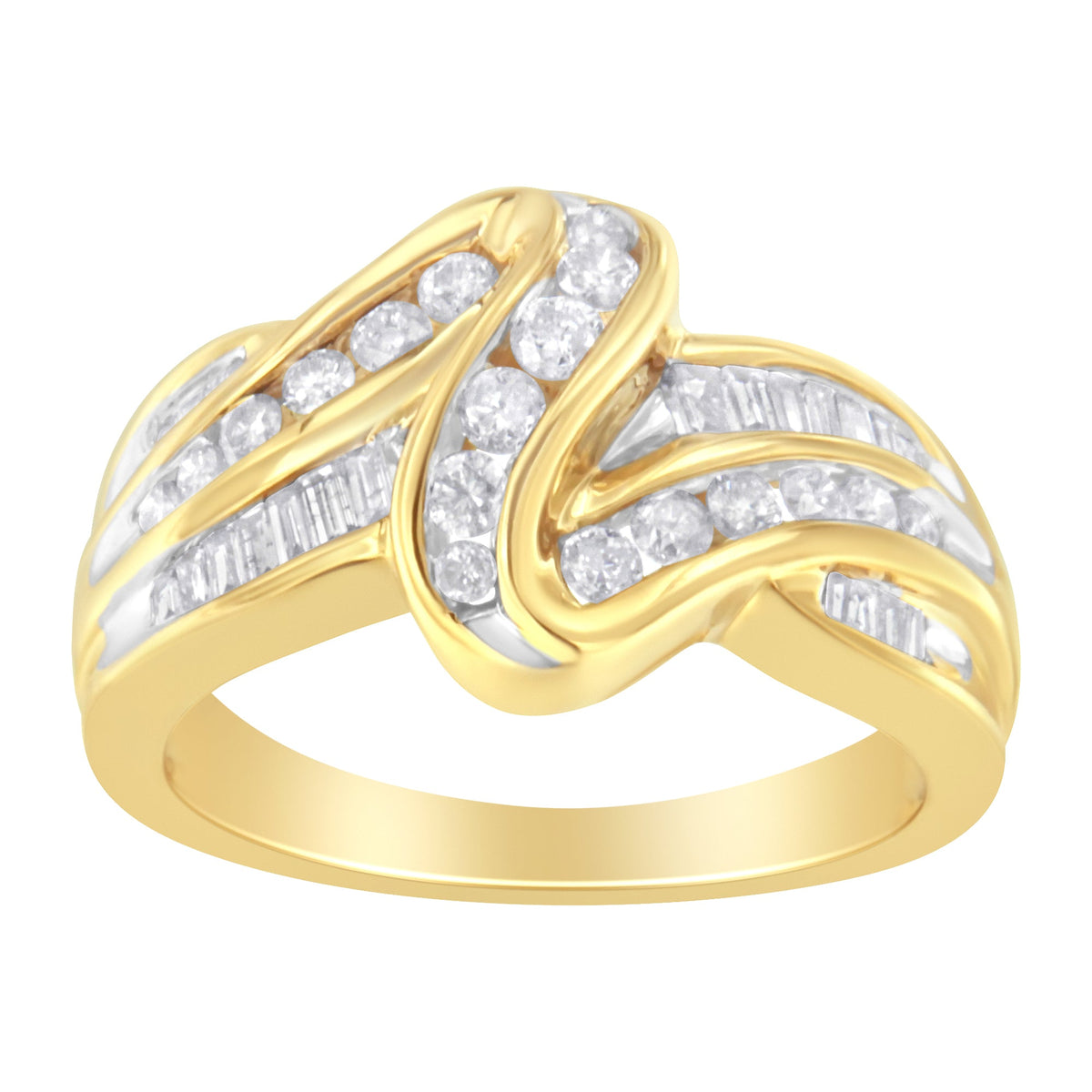 Anillo de derivación de doble vástago de oro amarillo de 10K con canal de 3/4 Cttw con diamantes redondos y talla baguette (color J-K, claridad I1-I2) - Talla 6.75