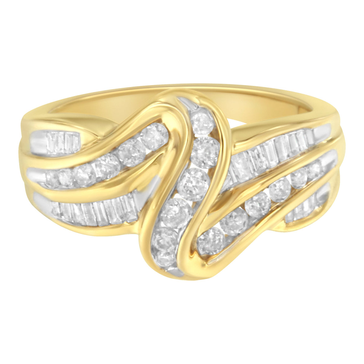 Anillo de derivación de doble vástago de oro amarillo de 10K con canal de 3/4 Cttw con diamantes redondos y talla baguette (color J-K, claridad I1-I2) - Talla 6.75