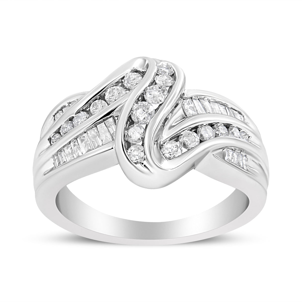 Anillo de oro blanco de 10K con diamantes redondos y talla baguette de 3/4 Cttw, diseño Bypass (Color H-I, Claridad I2-I3) - Talla 6