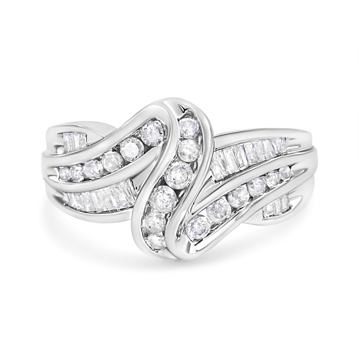 Anillo de oro blanco de 10K con diamantes redondos y talla baguette de 3/4 Cttw, diseño Bypass (Color H-I, Claridad I2-I3) - Talla 6