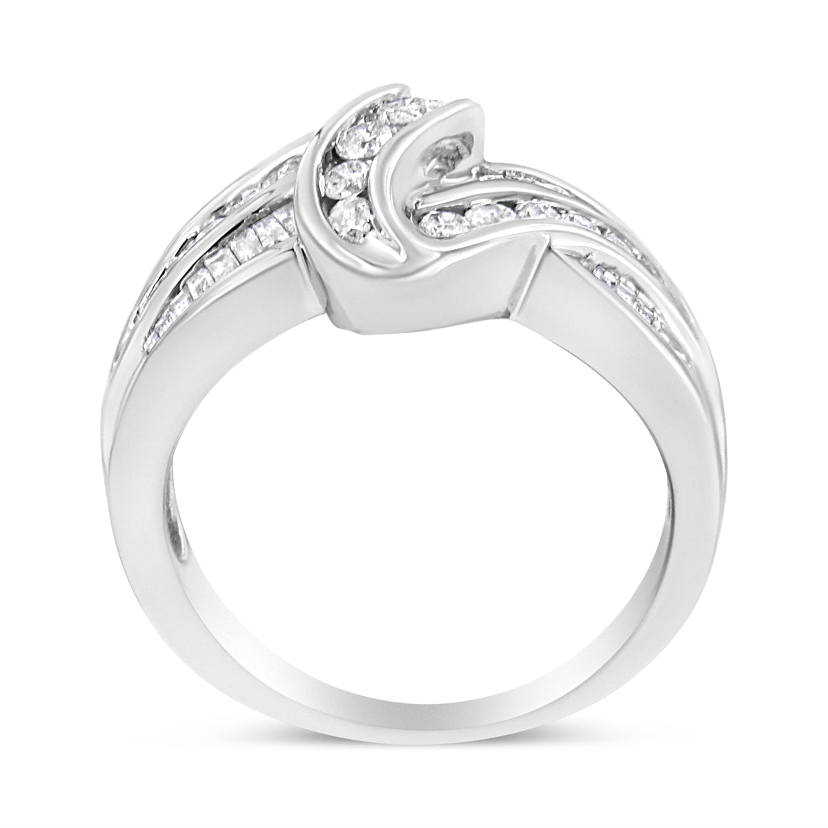 Anillo de oro blanco de 10K con diamantes redondos y talla baguette de 3/4 Cttw, diseño Bypass (Color H-I, Claridad I2-I3) - Talla 6