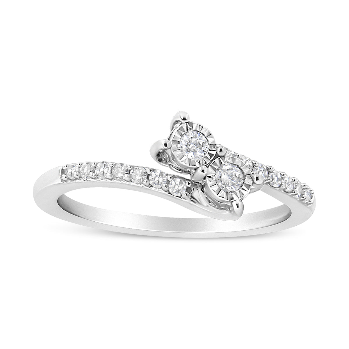 Anillo de dos piedras de oro blanco de 10K con diamante de talla redonda en engaste milagro de 1/4 Cttw (color H-I, claridad I2) - Talla 7