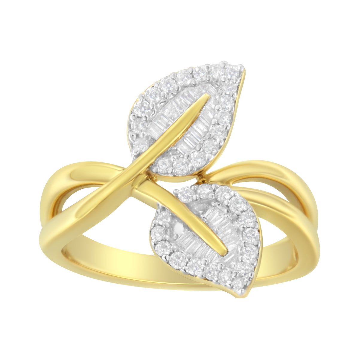 Anillo de cóctel de oro amarillo de 10 qt con diamantes redondos y talla baguette de 3/8 qt en forma de hoja - Talla 7 (color I-J, claridad I1-I2)