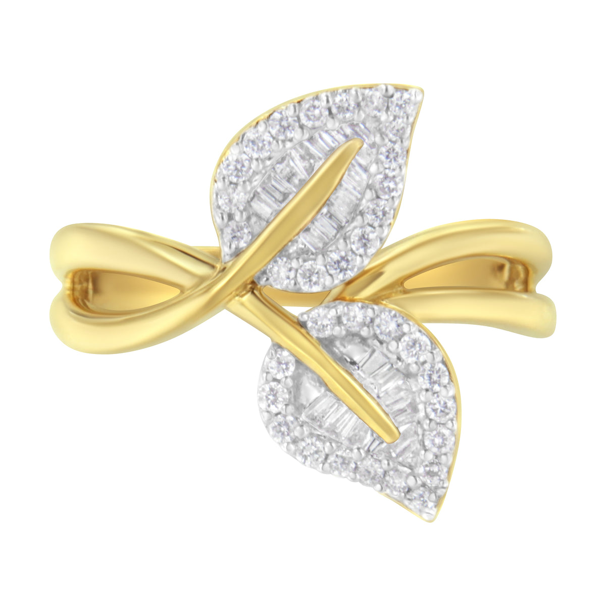 Anillo de cóctel de oro amarillo de 10 qt con diamantes redondos y talla baguette de 3/8 qt en forma de hoja - Talla 7 (color I-J, claridad I1-I2)