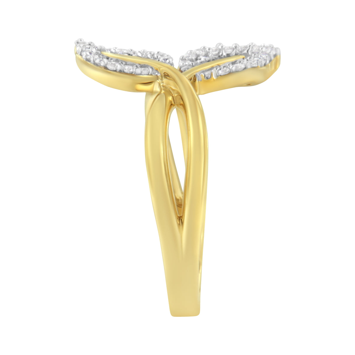 Anillo de cóctel de oro amarillo de 10 qt con diamantes redondos y talla baguette de 3/8 qt en forma de hoja - Talla 7 (color I-J, claridad I1-I2)
