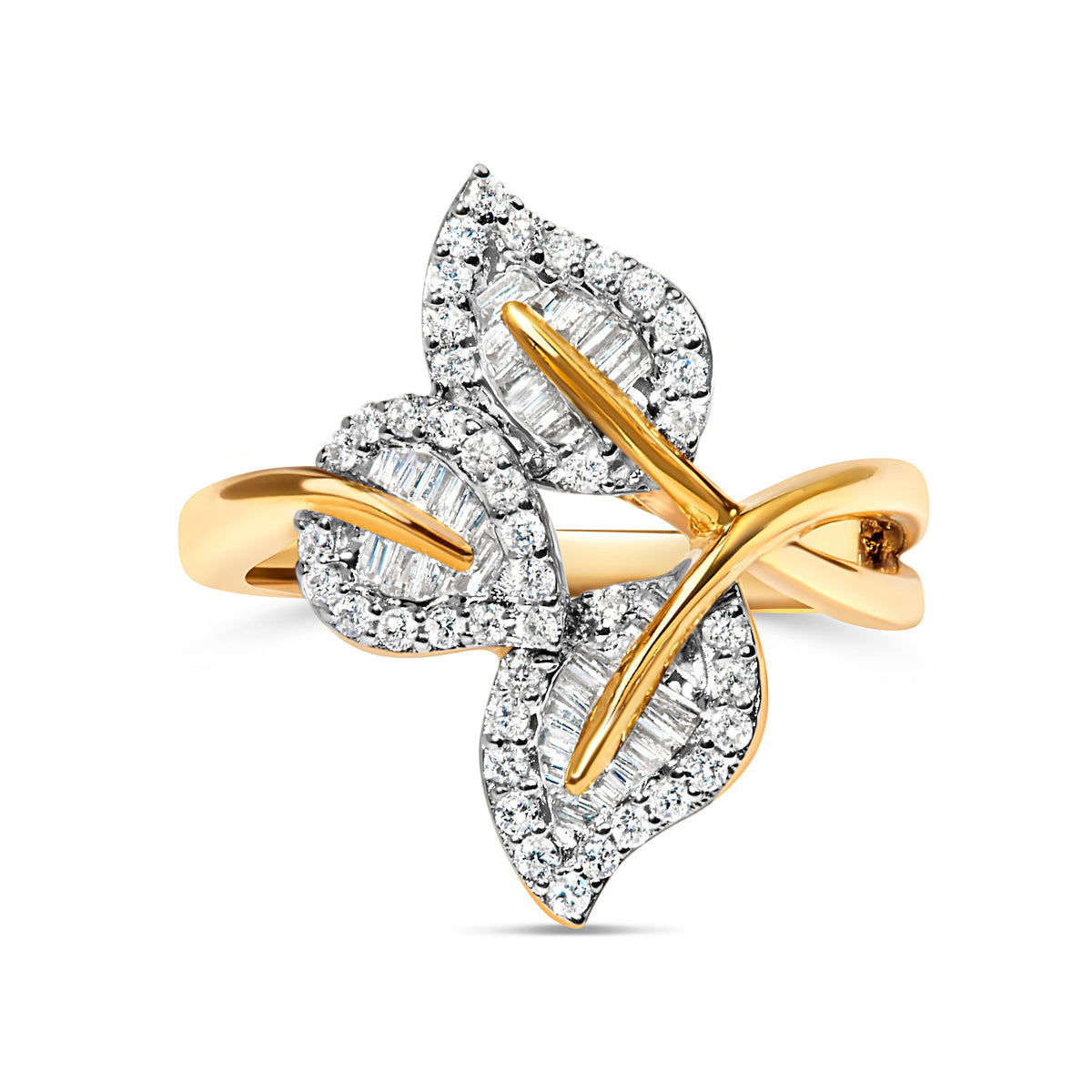 Anillo de oro amarillo y blanco de 10k con diamantes de talla baguette y redonda de 1/2 quilate (color I-J, claridad I1-I2) - Talla 7