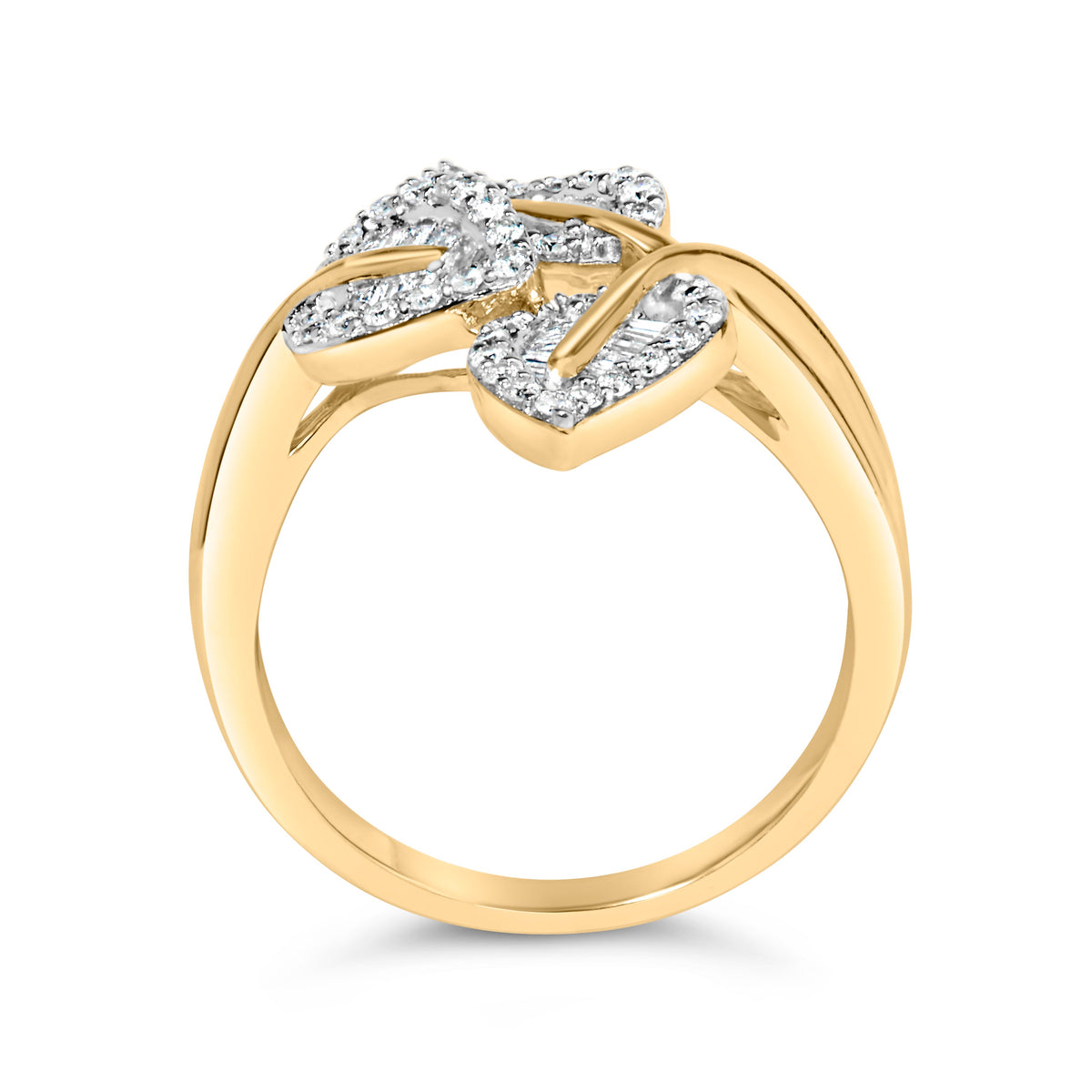Anillo de oro amarillo y blanco de 10k con diamantes de talla baguette y redonda de 1/2 quilate (color I-J, claridad I1-I2) - Talla 7