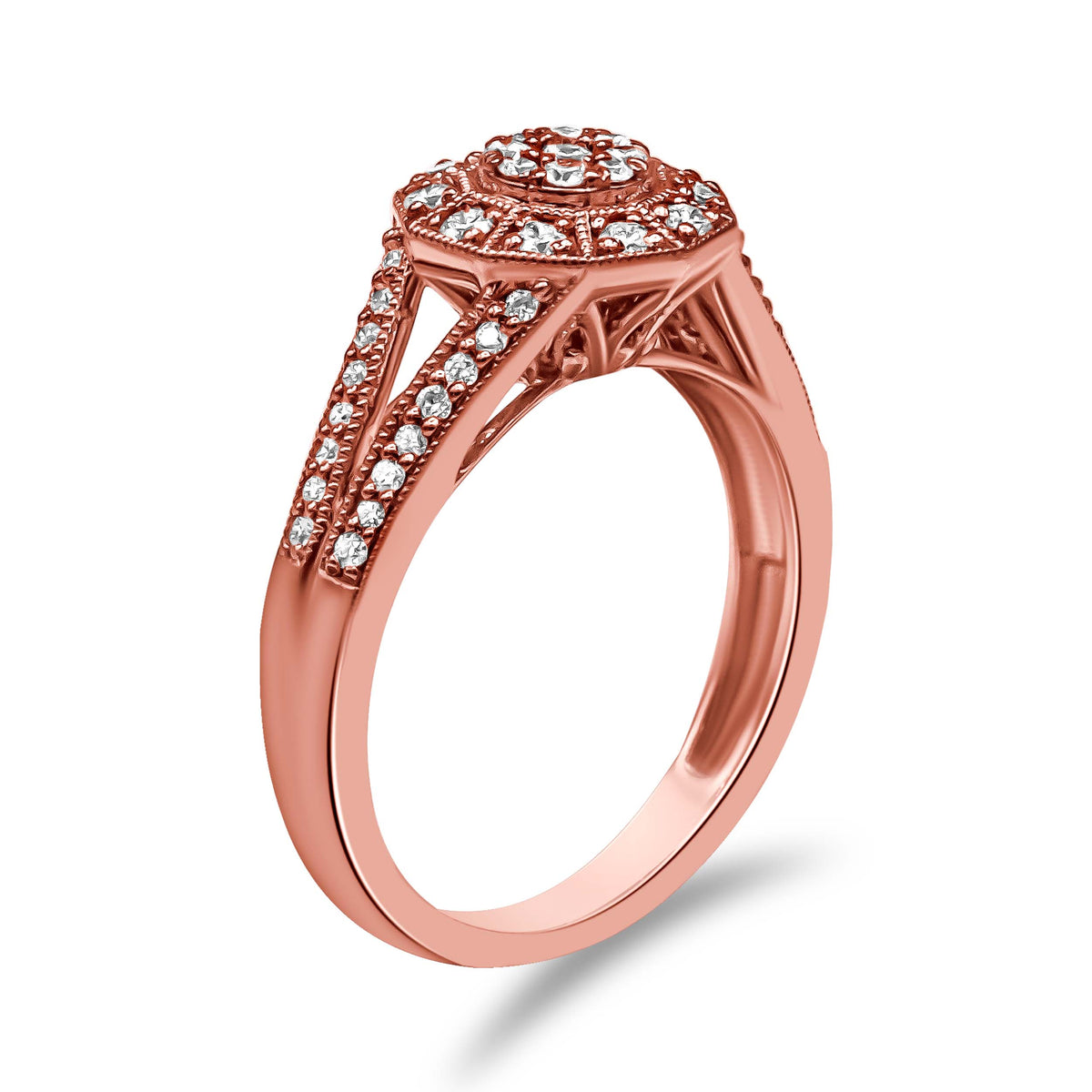 Anillo de cóctel con halo de diamantes pavé de 1/2 quilate, en plata de ley 925 con baño de oro rosa de 14 quilates, con vástago dividido (color I-J, claridad I1-I2) - Talla 6